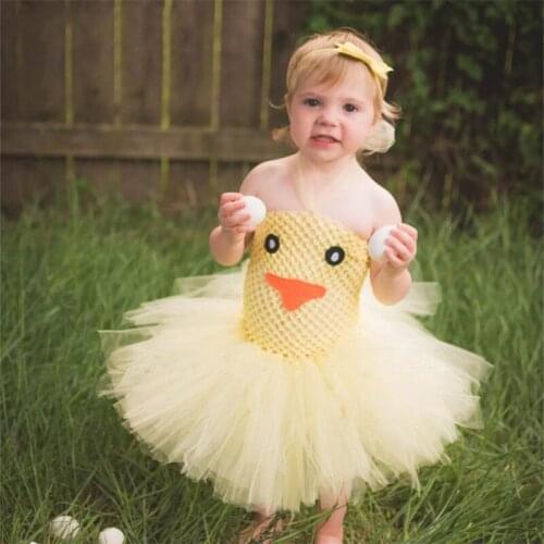 Cute Baby Yellow Duck Animal Tutu Dress Girls Crochet Tulle Cartoon Dress with Hairbow Children Cosplay Party Costume Dresses