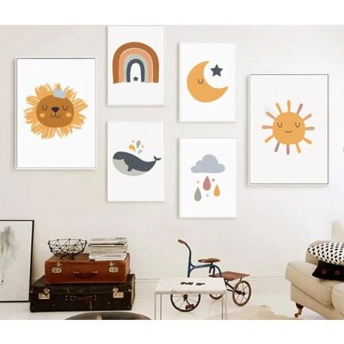 Cartoon Anima Sun Star Printing Poster Animation Whale Moon Rainbow Cloud Canvas Oil Painting Wall Art Children Room Decoration