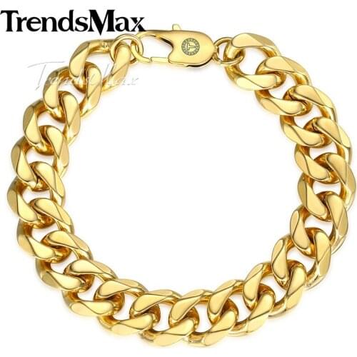 Mens Bracelets Hip Hop Curb Cuban Link Chain Gold Color Stainless Steel Bracelet For Male Jewelry Dropshipping 14mm KKBM162