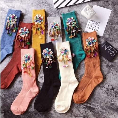 2021 New High Quality Fashion Girl Black White Diamond Rainbow Medium High Tube Candy Color Rhinestone Crystal Color Pile Socks