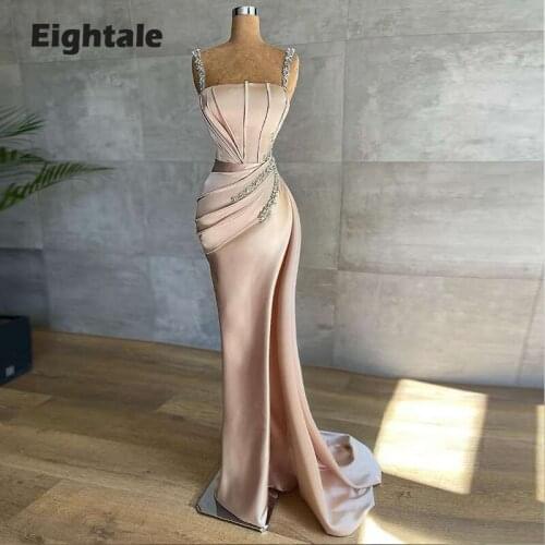 Eightale Light Pink Evening Dress Spaghetti Strap Beaded High Side Split Satin Prom Gown Backless Celebrity Party Dress 2021