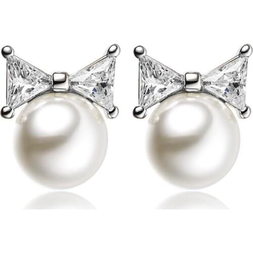Simple pearl fashion zircon bow silver-plated earrings
