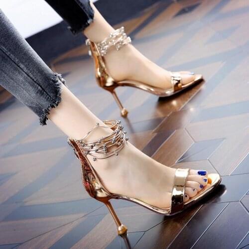 High heels summer new stiletto single shoes with open toe sandals women silver Roman sandals bling rivet sandals fashion shoes