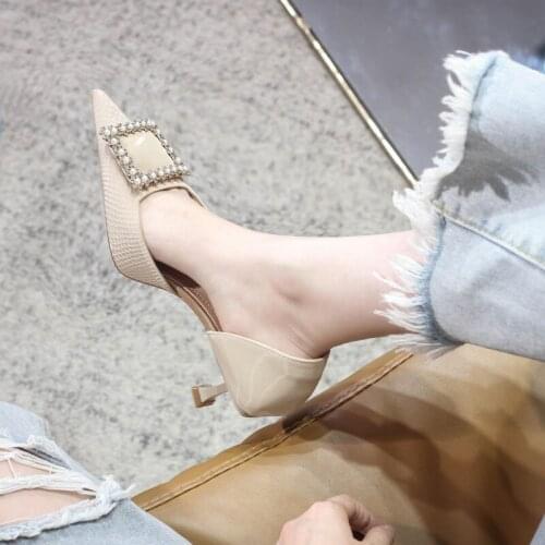 Rhinestone square buckle stiletto sandals women spring/summer 2021 new pointed hollow banquet dress all-match low-heeled shoes
