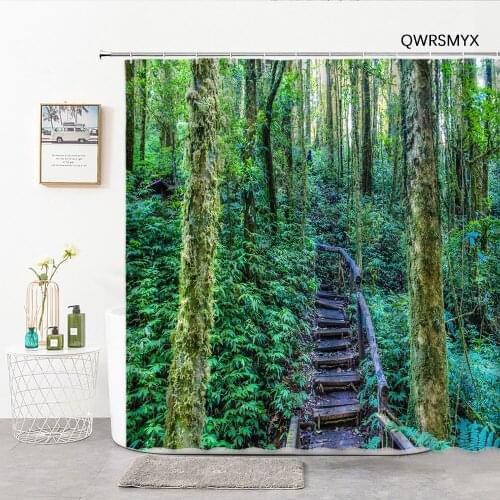 Green Forest Wooden Ladder Shower Curtains Natural Scenery Bathroom Decor Curtain Hook Screen Home Yellow Background Wall Cloth