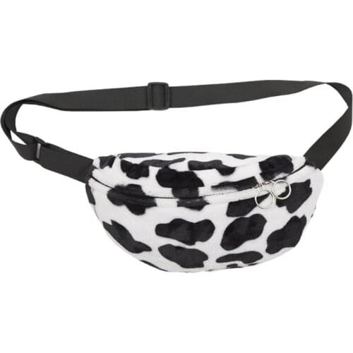 Women Cow Print Plush Waist Bag Fanny Pack Pouch Sport Belt Hip Chest Crossbody Shoulder Purse
