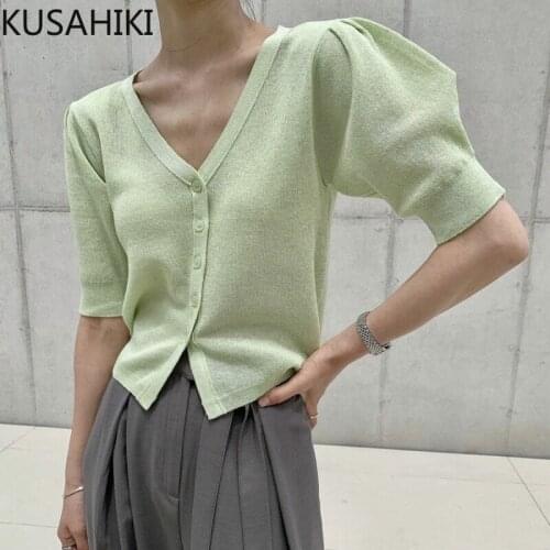 KUSAHIKI Korean Chic Puff Sleeve Knitted Cardigan Elegant V-neck Solid Knitted Tops 2021 New Causal Women Knitwear Coat 6K935