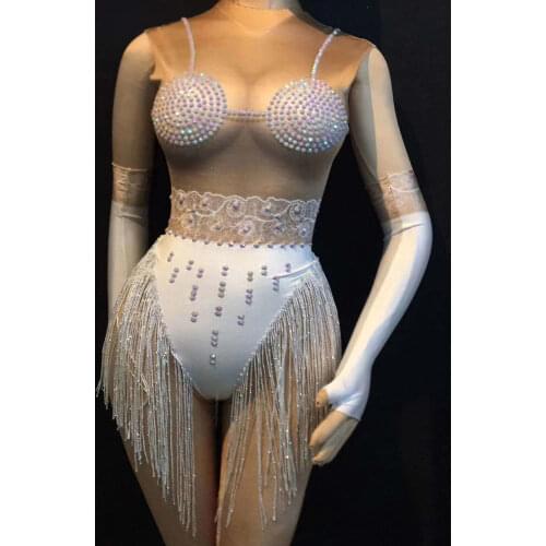 Sleeveless Sparkly Diamond Women Bodysuit Nightclub Pole Dancing Costume Silver Tassel Jumpsuit White Glove Birthday Prom Outfit