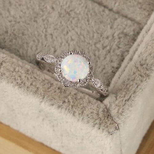 Boho Female Small White Fire Opal Ring Real 925 Sterling Silver Engagement Ring Crystal Round Wedding Rings For Women