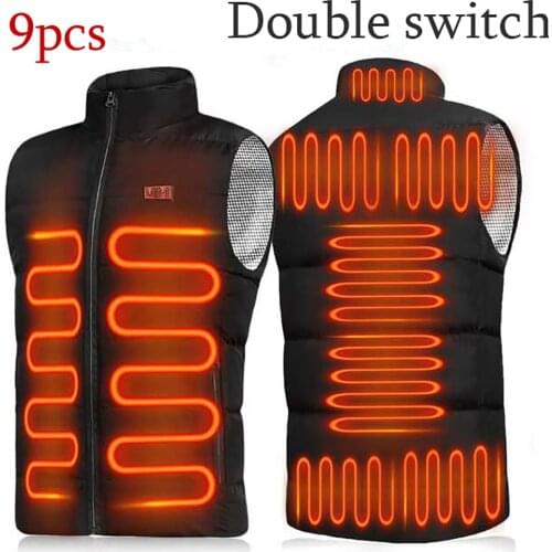 New 9 Places Heated Vest Men Women Usb Heated Jacket Heating Vest Thermal Clothing Hunting Vest Winter Heating Jacket BlackS-6XL