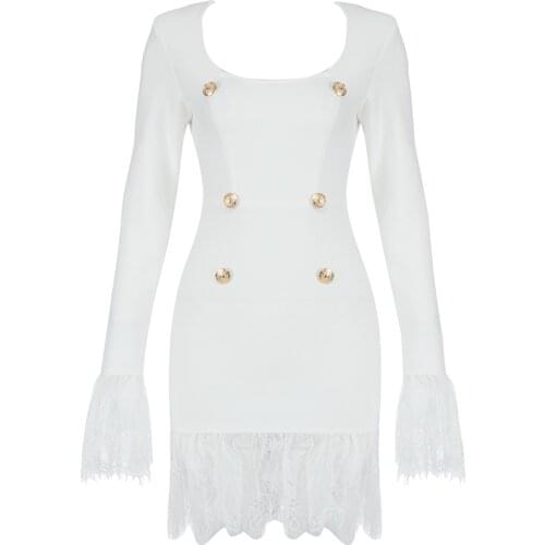 White Bandage Dresses Women Bodycon Sexy Long Sleeve Lace Botton Ladies Clothes Summer Autumn Mini Dresses