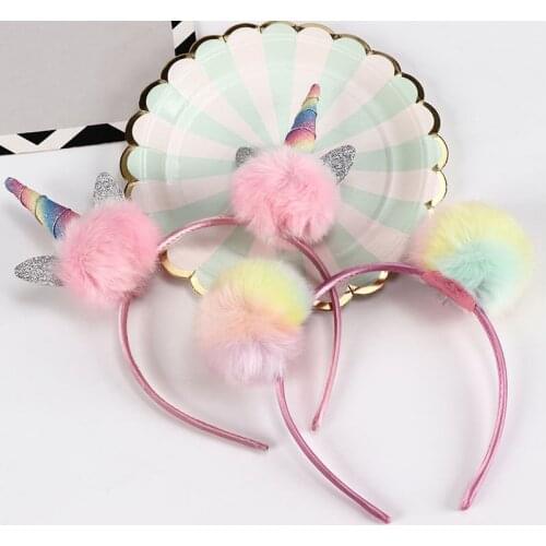 Baby Cute Unicorn Ears Hairbands Cat Ears Dual Pearl Big Bright Colorful Fluffy Pompom Ball Girls Headband Hair Band Hair Band