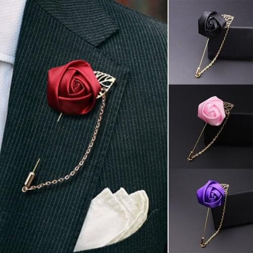 Women Mens Lapel Pins Suit Gold Leaf Rose Flower Brooches Canvas Fabric Ribbon Tie Pin Collar Flower Long Needle With Chain