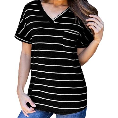 Womens T_shirts Stripe Printed Cotton Soft Harajuku Casual Short Sleeve V Neck T Shirts Tops With Pocket 2021summer Ropa Mujer