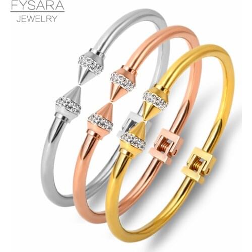 FYSARA Luxury Brand Spike Rhinestone Cuff Bracelet Women Silver Gold Bangles Stainless Steel Fashion Pulseiras Gift Adjustable