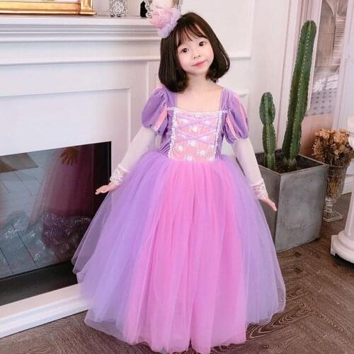 Halloween princess Rapunzel dresses baby girl Cosplay Party Full sleeves purple Clothes Winter Aurora Childrens Costume ankle Long Dress