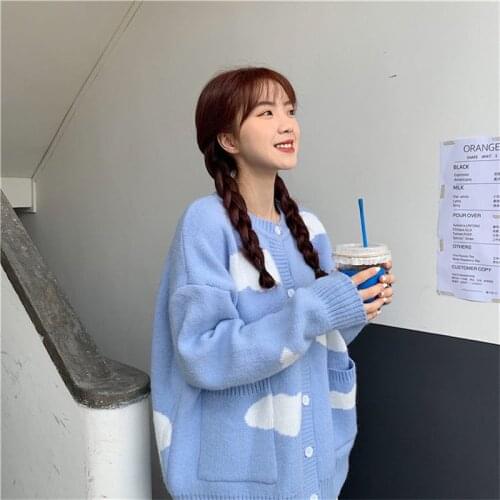 Cloud Blue Women Sweet Cardigan Winter Autumn O-Neck Button Long Sleeve School Girl Preppy Style Knit Coat Jacket Streetwear