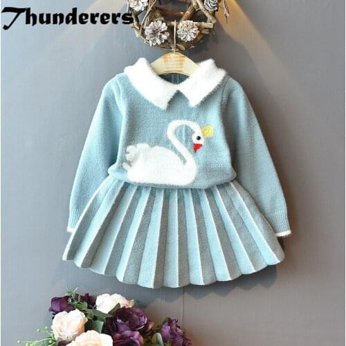 Thunderers Spring Autumn Cartoon Kids Clothing Set For Girls Cartoon Swan Sweater & Short Skirt Knitting Children Clothes Suit