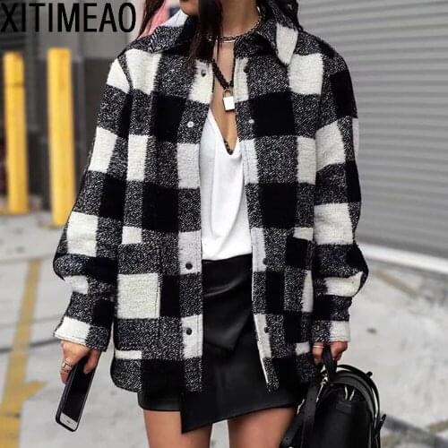 Vintage Stylish Pockets Plaid Loose Woolen Jacket Coat Women 2020 Fashion Lapel Collar Long Sleeve Female Outerwear Chic Tops