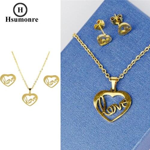 Hollow Heart Love Necklace Earrings Set Necklace Pendant Best Gift for Mother Girlfriend Silver Color Golden Stainless Steel