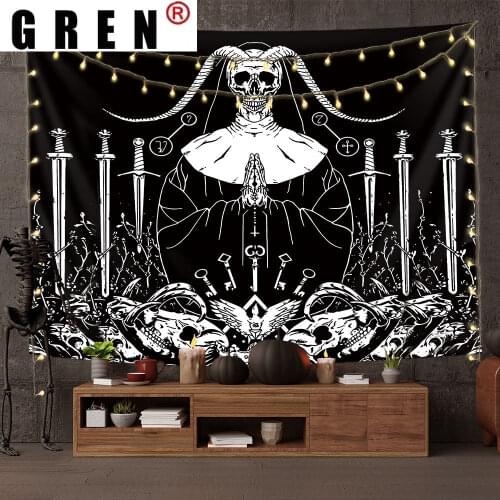 GREN Starry Sky Tarot Skull Tapestry Wall HangingTowel Beach Blanket Fabric Mural Background Cloth Wall Rugs Dorm Living Decor