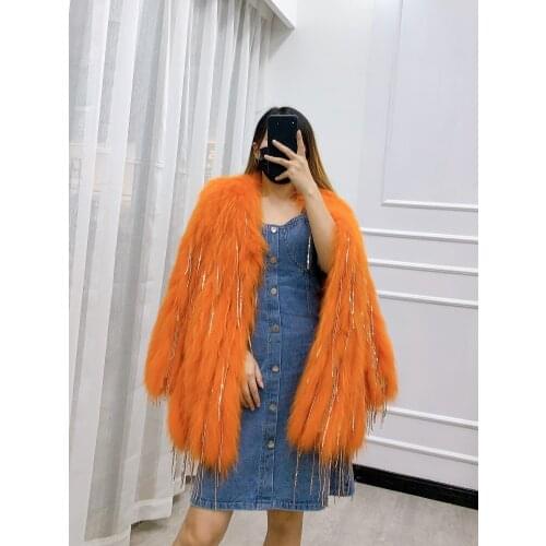 New Girls fashion genuine real natural Raccoon Fur Coat womens dream Luxurious jacket Sequin tassel outwear