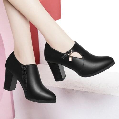 Women Shoes Autumn Winter PU Leather Pointed Toe 8cm Thick High Heel Solid Mom Shoes Zipper Wedding Female Pumps Boots Plus Size