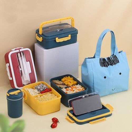 Divided Lunch Box Set Microwave Heating Separated Handheld Bento Container Leakproof Seal Mobile Phone Holder Plate Tableware