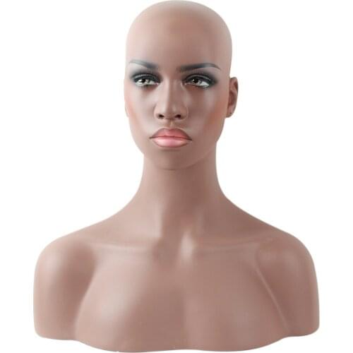 Realistic Dark Skin Fiberglass Female Mannequin Dummy Head Bust For Wigs