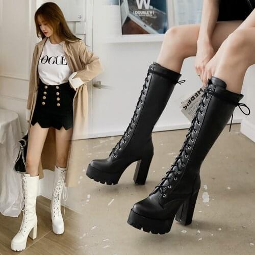 Winter Women Square Heel Mid-Calf Boots Waterproof Platform High Heel Autumn Long Boots Fashion Lace-up Knight Boots Black White