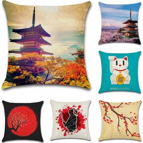 Japanese Temple tower Sumo warrior Cherry Blossom cat pillow case Decoration home sofa chair cushion cover friend Kids gift
