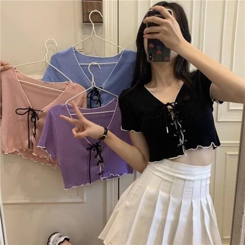 Woman TShirts Knitted V-neck Top Summer Short-Sleeved T-shirt for Women Crop Top Mujer Camisetas