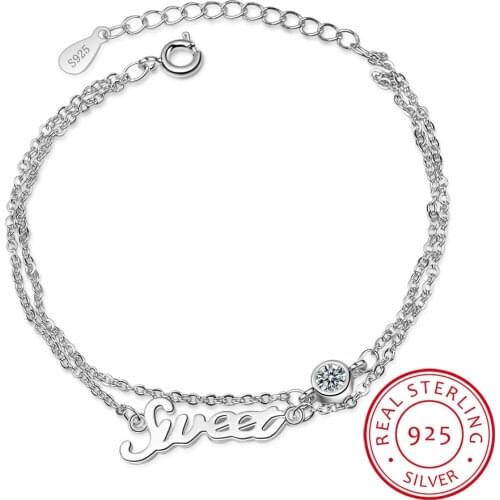 Ladys Minimalist REAL. 925 Sterling Silver Multi-Rows Double layers Sweet Letter Round Zirconia Chain Bracelet Slim Jewelry