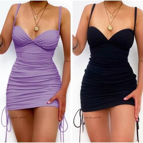 Sexy Women Ribbed Slip Dress 2021 Summer Solid Sleeveless Ruched V-Neck Spaghetti Strap Side Drawstring High Waist Mini Dress