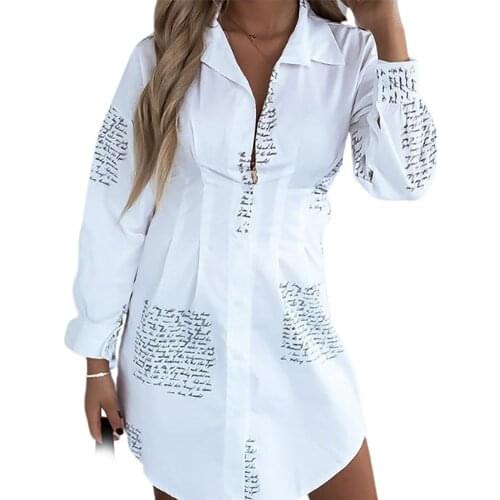 2020 Casual Women Long Sleeve Turn Down Collar Letter Print Shirt Mini Party Dress Womens clothing рубашка женская ropa mujer