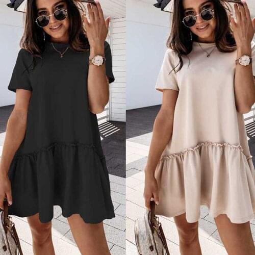 Summer Women Round Neck Short Sleeve Solid Ruffle Loose Mini Dress WDC7397