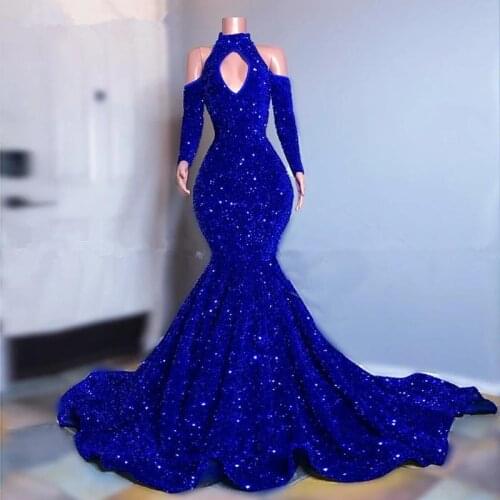 Royal Blue Prom Dresses Mermaid Long Sleeves Sequins Sparkle Dubai Saudi Arabic Long Robe De Soiree Prom Gown Evening Dresses