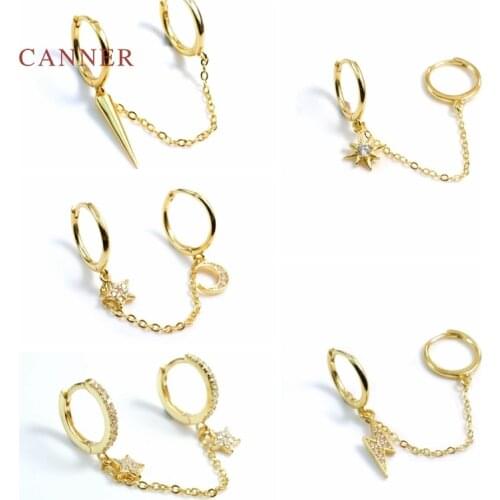 CANNER Octagonal Lightning Star Moon Chain Earrings For Women 100% Real 925 Sterling Silver Earrings Hoops Fine Jewelry