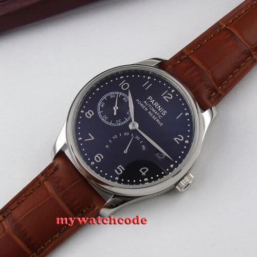 Parnis black dial power reserve brown leather strap automatic mens watch 207B