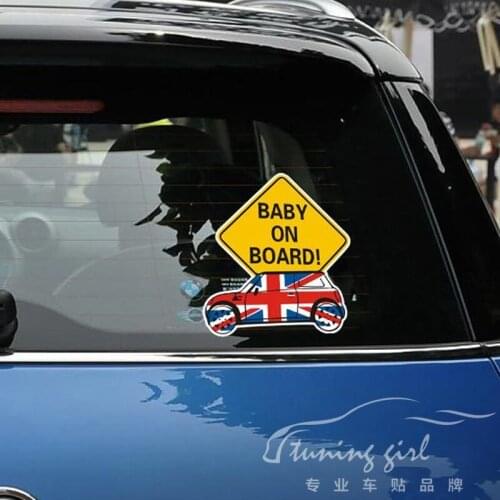 Car Stickers Mini Cooper Baby In Car On Board Cartoon UK Lovely Creative Decals Auto Tuning Styling 14x13cm D10