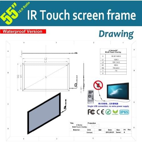 Free Shipping 6 Points 55" IR Touch Overlay With Waterproof Protection Grade IP65 Anti-Sunlight Free Driver USB Connection