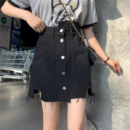 High waist black irregular single breasted raw edge A-word denim skirt spot