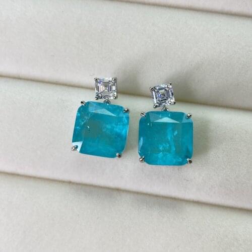 Pure 925 Sterling Silver Big Gemstone 15*15MM Paraiba Tourmaline Simulated Moissanite Earring Party Stud Earrings Drop Shipping