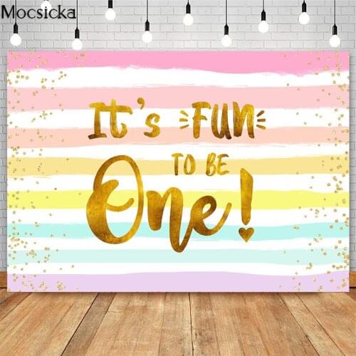 Happy 1st Birthday Backdrop Rainbow Stripes Shiny Golden Dots Birthday Party Photo Booth Background Cake Table Decor Banner