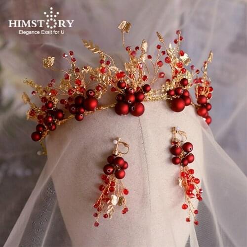 Himstory European Red Beads Gold Leaf Wedding Tiaras Crown Handmade Brides Pearls Headband Party Festival Hair Accessory Jewelry
