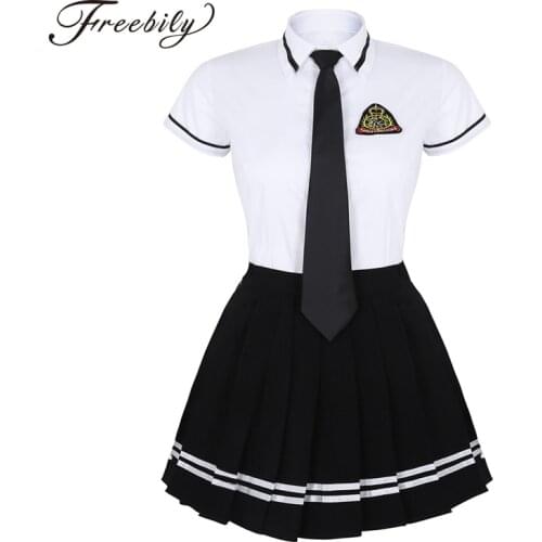 Korean Schoolgirl uniform White Top Black Skirt with Badge and Tie for Japanese Sailor Uniforms Student Cosplay Costume Suit