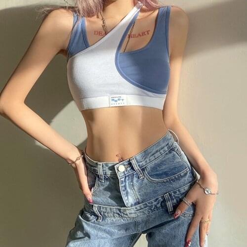 Patchwork Panelled Sport Tank Top 2021 Summer Causal Off Shoulder Blue Crop Top Women Irregular Hollow Out Cotton Womens Tops