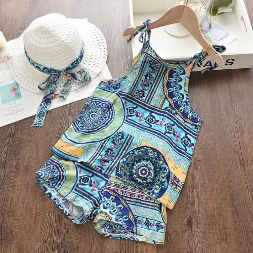 2021 New Summer Girls Print Cute Suspender Tops Shorts Cool Hats Three-piece Suit