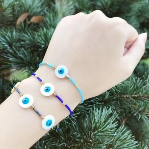 New Turkey Evil Eye Shell Bracelet Women Boho Blue Beads Crystal Stone Jewelry Romantic MIYUKI Beads Charm Bracelet Pursera