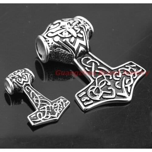 Vintage Small and Big Stainless Steel Face Thor 's Hammer Pendant Necklace for Men, Free Chain, Silver Black Colour